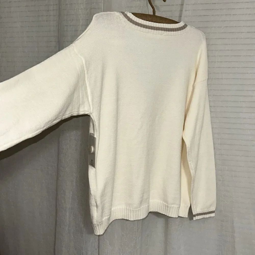 Pink Republic M Ivory Tan Stripe Trim Knit Button V-Neck Cardigan with Pockets - Picture 12 of 14